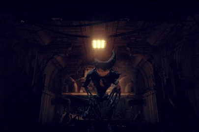 A gif created by Bendy-bot on Tumblr of the Ink Demon from Bendy and the Dark Revival crouching.
